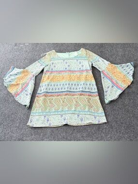 Sage Boho Paisley Bell Sleeve Mini Dress / Tunic Top – Size Small